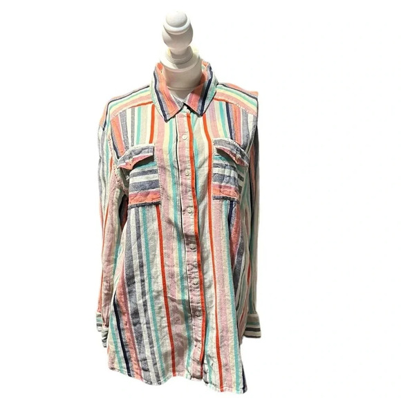 Women's Caslon striped multi color button down long sleeve, size Large L - Picture 1 of 5